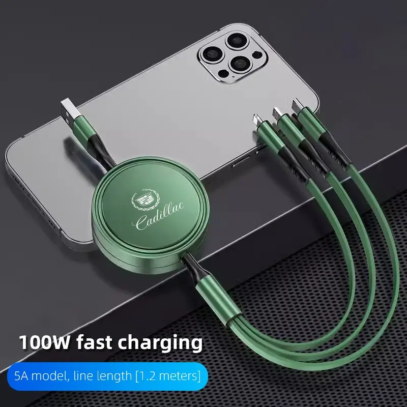 100W super fast charging 3-in-1 telescopic data cable For Cadillac Escalade CTS ATS XTS CT4 CT5 XT5 XT4 XT6 CT6 Lyriq SRX ELR Celestiq EXT XLR