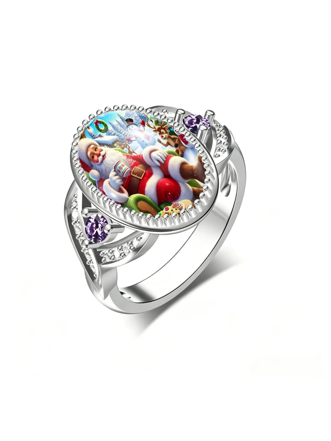 Fashion Women's Ring, Oval Christmas Santa Claus Print Jewelry, Holiday Decorative Ring, Perfect Gift for Festive Season, Stylish Accessory