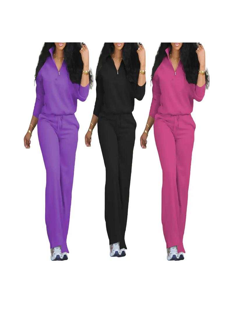 Women's Solid Half Placket Split Hem Pants Set, Casual Long Sleeve Top & Pocket Wide Leg Trousers for Summer, Ladies Clothes for Daily Wear, Womenswear