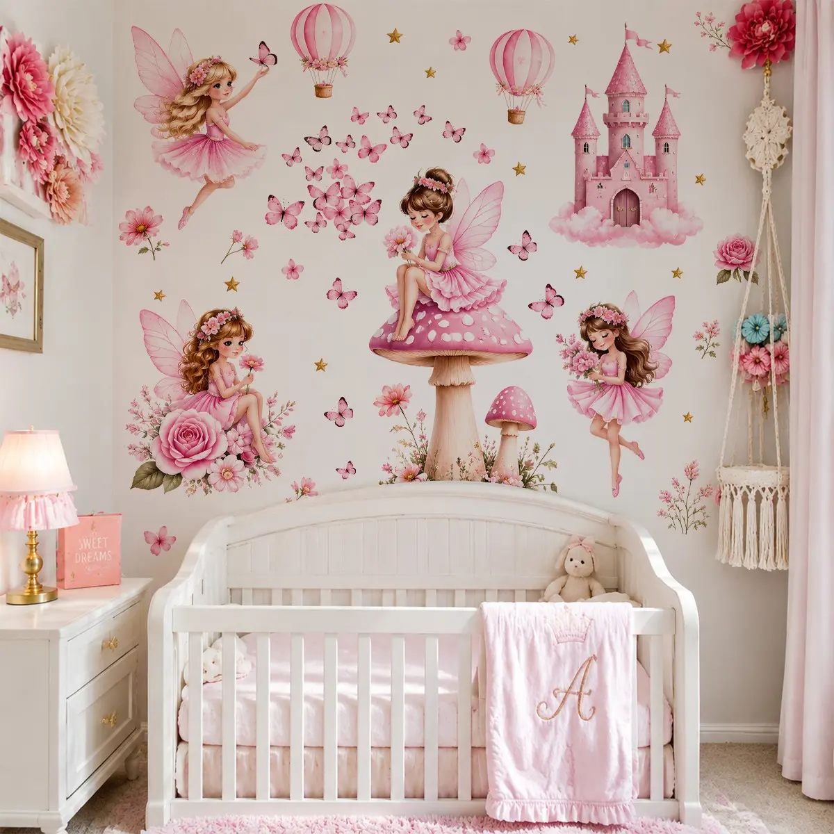 3pcs Fairy Princess Wall Decals, Castle Mushroom Butterfly & Hot Air Balloon, Peel and Stick Removable Vinyl Stickers for Kids Room Decor
