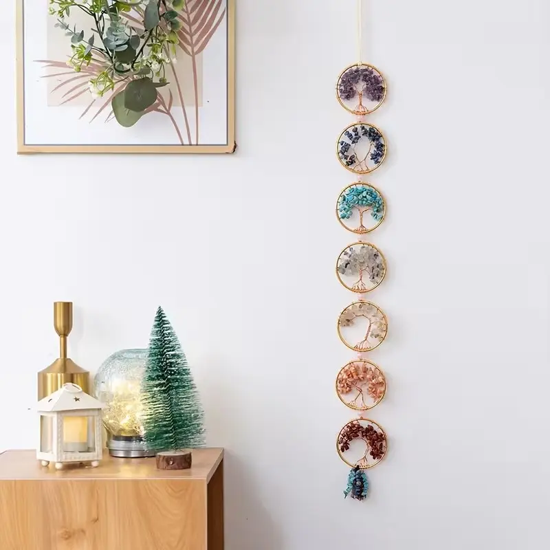 7 Chakra Crystal Tree of Life Hanging Wind Chime, Reiki Gemstone Dreamcatcher, Natural Crystal Wall Art for Yoga Meditation, Living Room Window Indoor Outdoor Home Gift