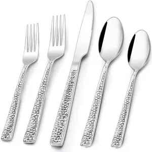 60-Piece Hammered Silverware Set for 12, Stainless Steel Square Flatware Cutlery Set, Eating Utensils Sets Include Fork Spoon, Modern Design & Mirror Polished - Dishwasher Safe