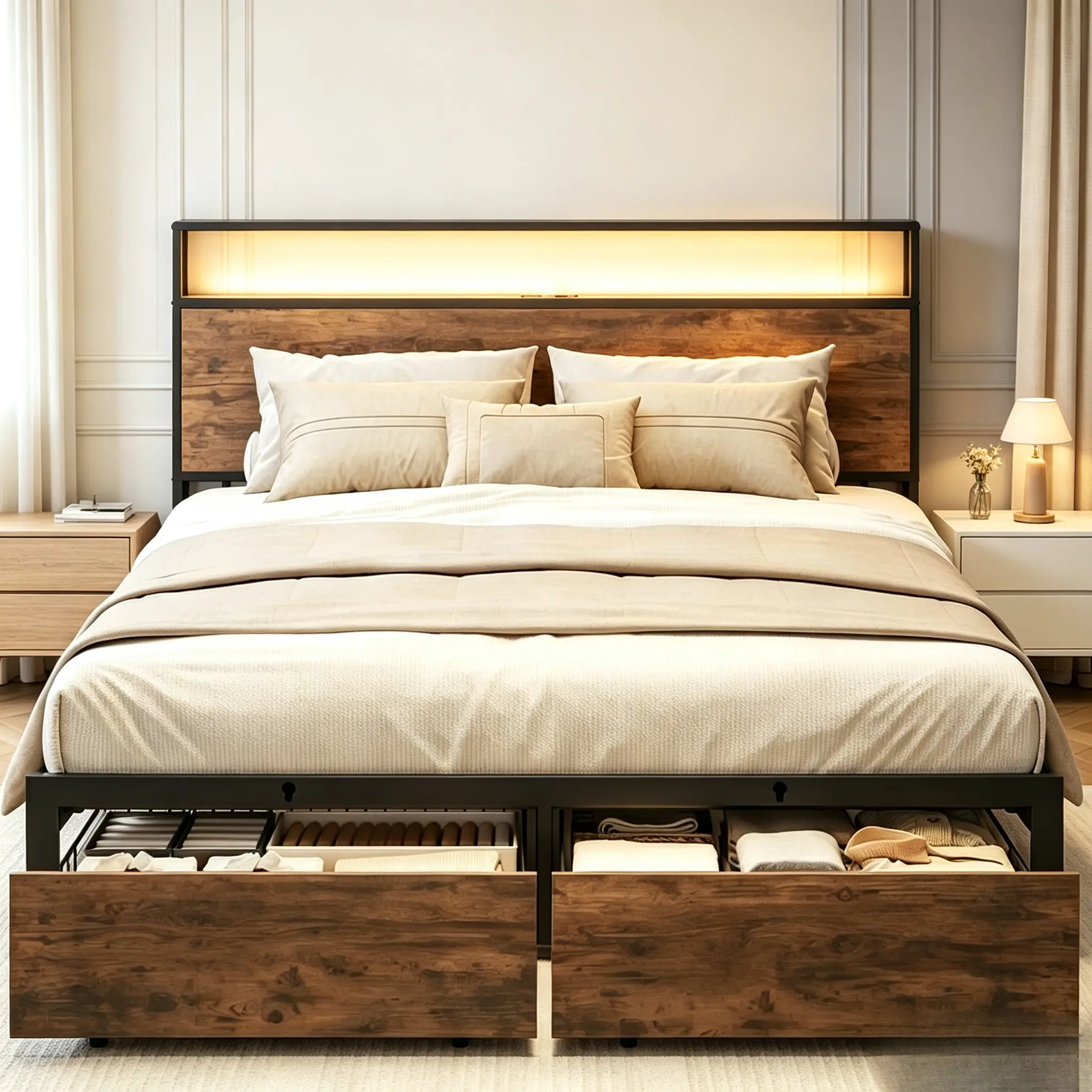 Queen & Full Bed Frame With Storage, Metal frame bed with double-layer storage headboard and built-in drawers, equipped with USB charging ports and LED lights, silent design, no box spring required, easy to install, vintage brown