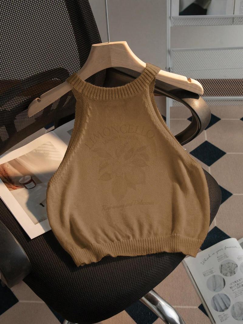 Women's Lemon Print Round Neck Crop Sweater Vest, Casual Sleeveless Knit Tank Top for Summer, Fashion Women's Knitwear for Daily Wear