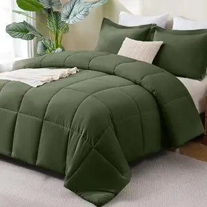 Cozy Comforter Set - 270GSM Olive Green Bedding Sets for All, 3 Pieces Box Stitched Bed Set with 1 Down Alternative Comforter and 2 Pillow Shams, Soft, Lightweight, Breathable