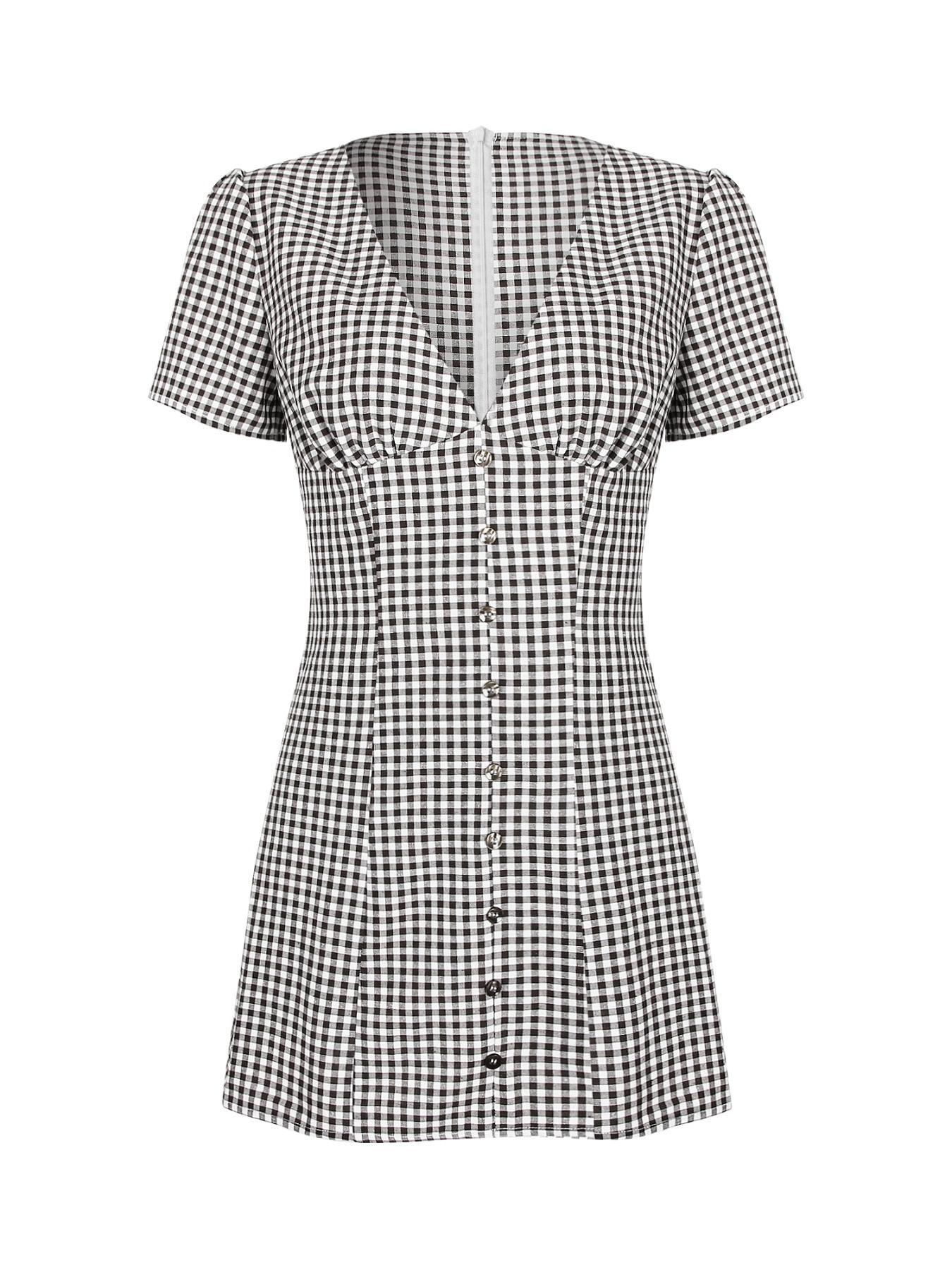 Women's Plaid Print Button Decor V Neck Dress Casual Basic Fashion Short Sleeve Dress for Daily Outdoor Wear Ladies Clothes for All Seasons Sexy Shirt Mini Dress Womenswear
