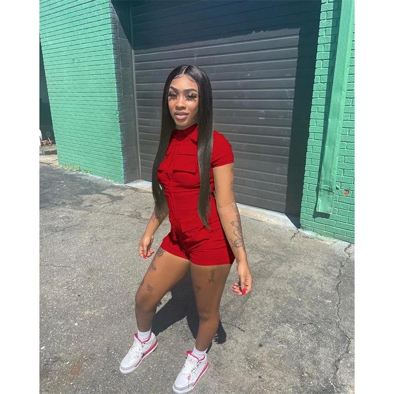 Streetwear Zipper Pockets Shorts Jumpsuit Women Clothing Short Sleeve Skinny Cargo Playsuit Summer Casual Pieces Romper
