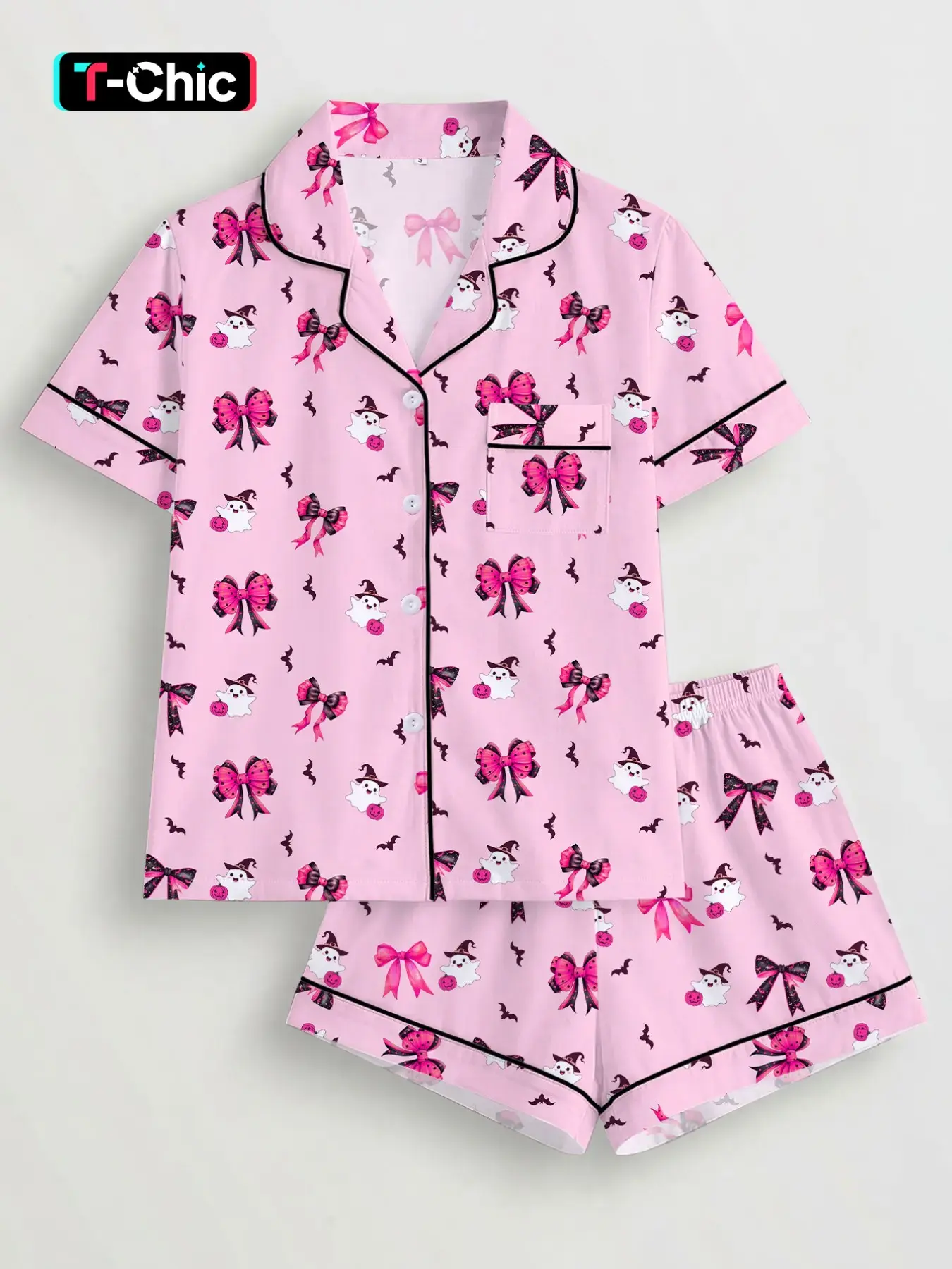 【Halloween】Women's Halloween Pajama Set Loungewear, Cute Ghost Cat Pumpkin Print, Short Sleeve Lapel Shirt & Elastic Shorts, Casual All-Season Sleepwear, Collared Pajamas