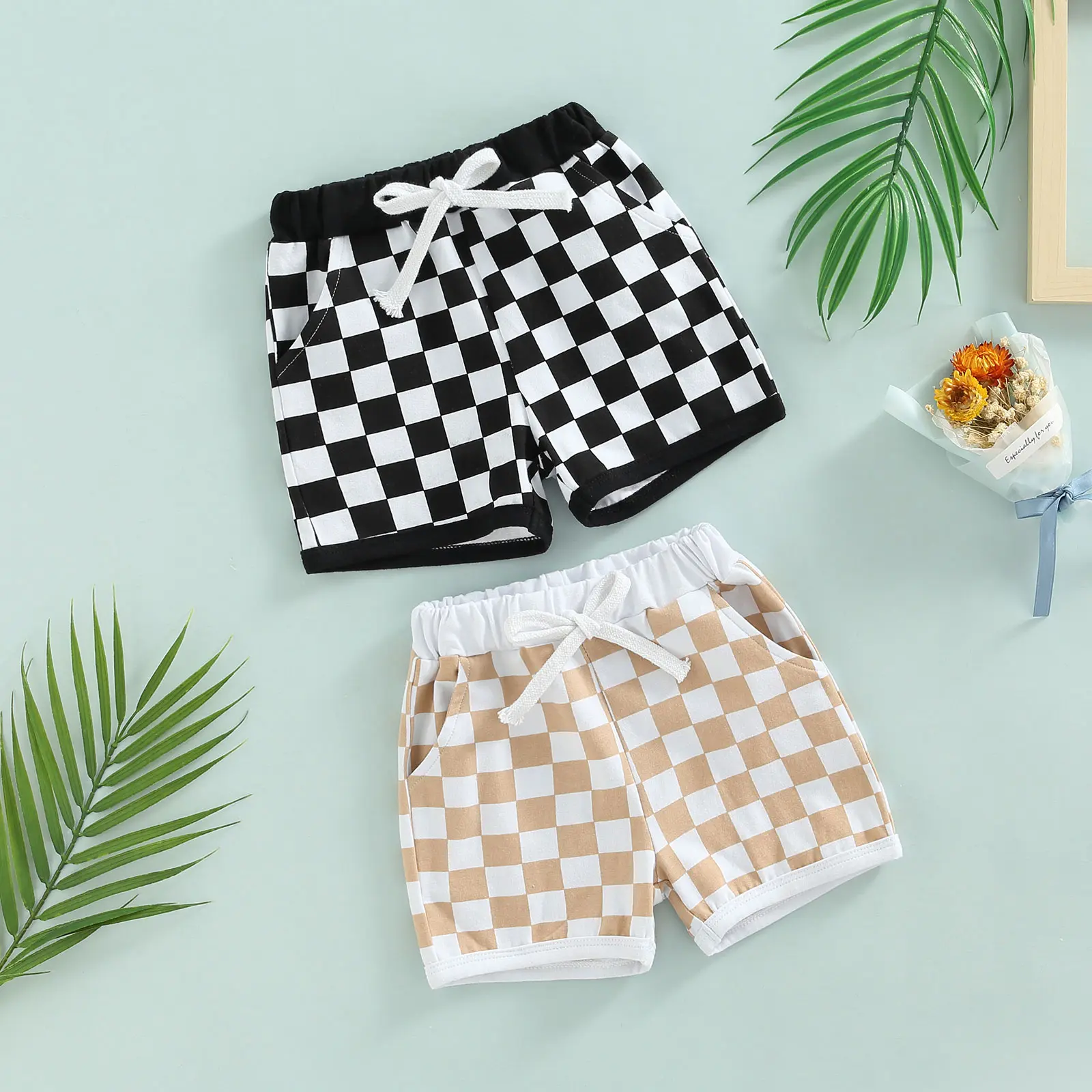 Canrulo Infant Toddler Baby Boy Casual Checkerboard Plaid Cotton Elastic Waist Jogger Shorts Summer Clothes 0-3T