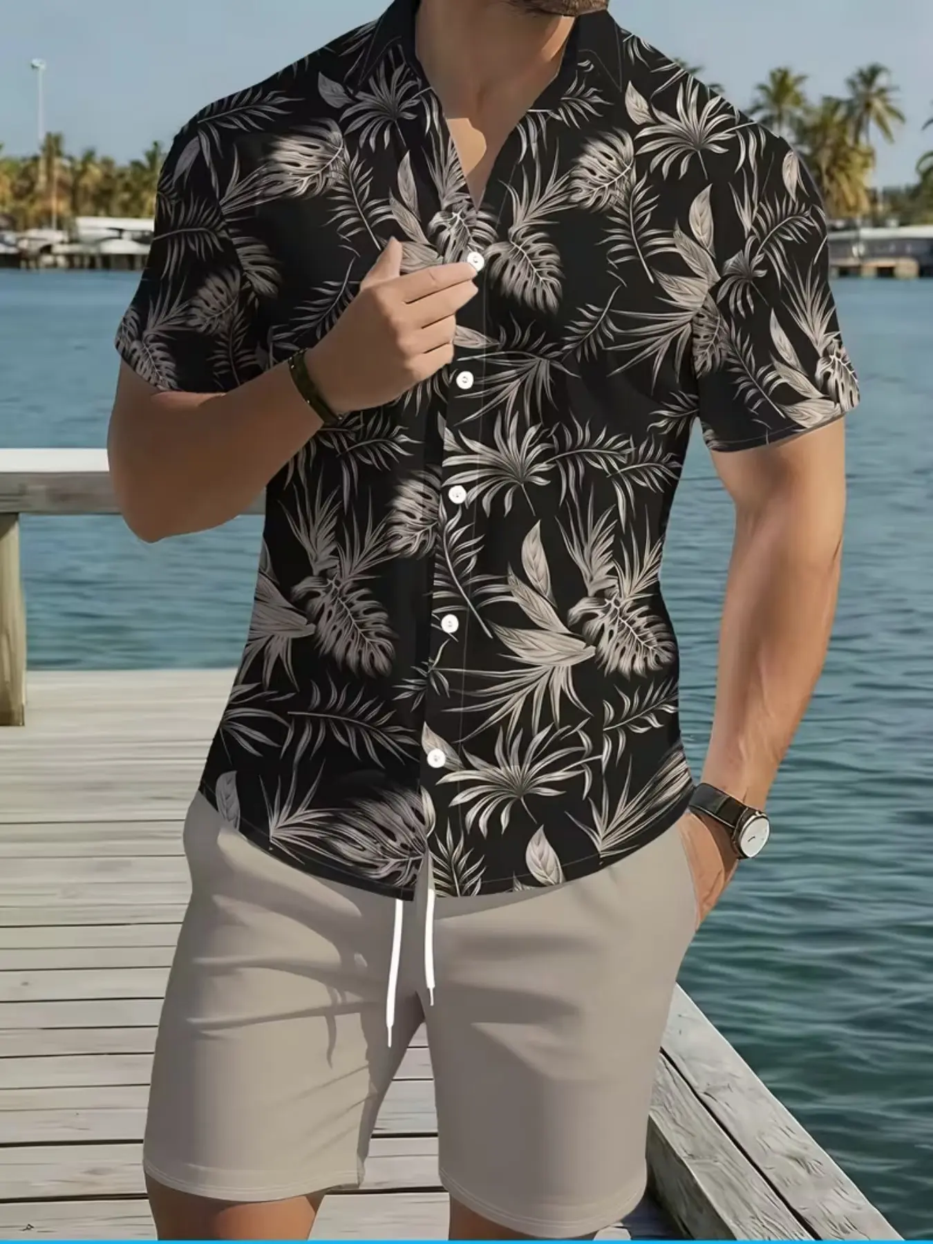 Men's Summer Casual Shirt and Shorts Set, All over Print, Slim-Fitting, Short Sleeve, Natural Waist, Perfect for Beach Holidays