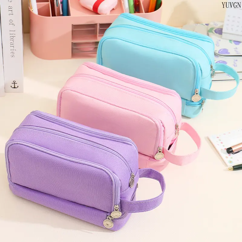 Pastel Double-Layer Pencil Case, Large Capacity Oxford Fabric Organizer with Multi-Zip, Water Resistant Hand Carry for School & Office Supplies, Office Accessories, Pencil Holder