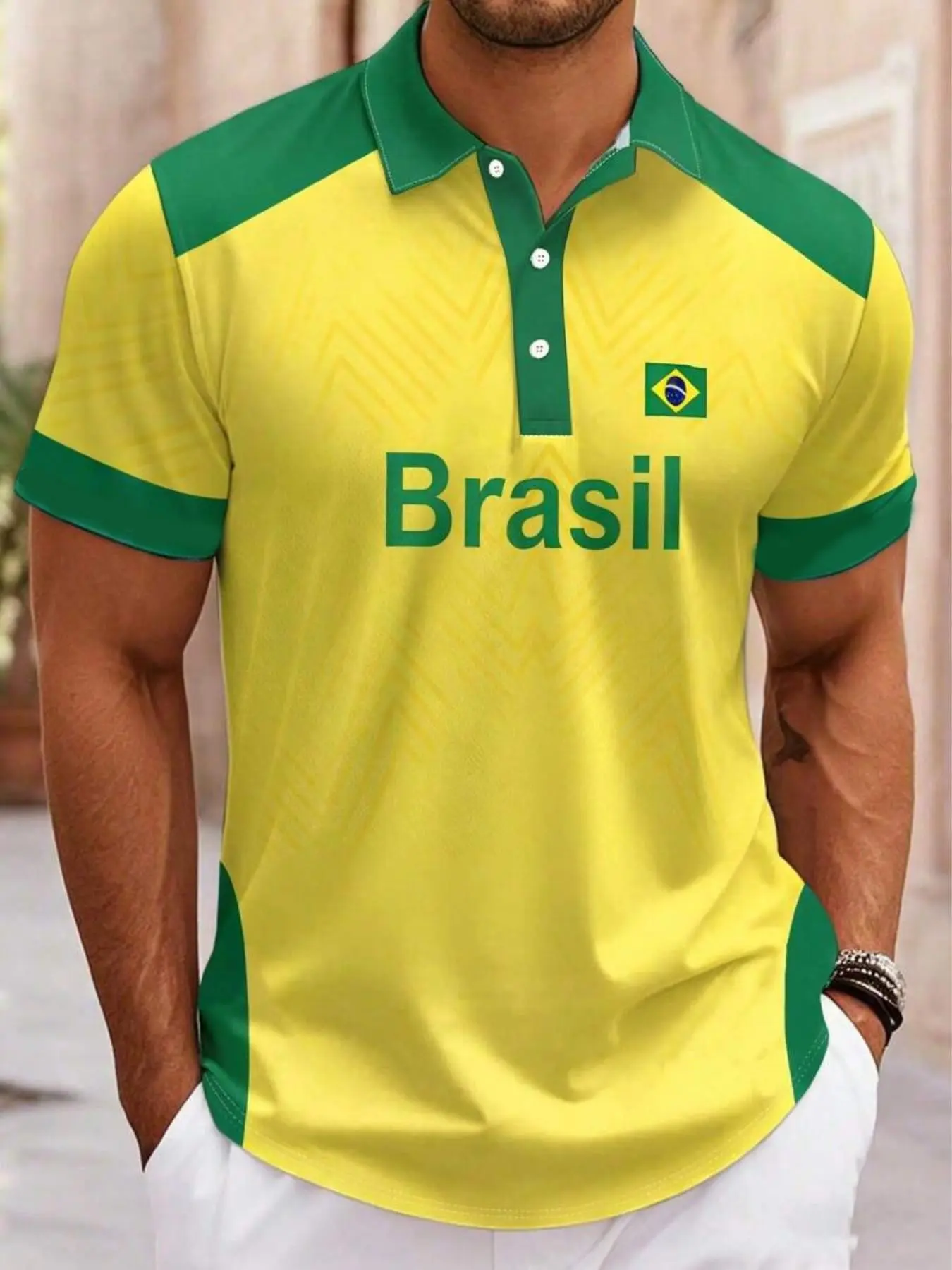 Men's Casual Sporty Short Sleeve Polo Shirt, Football Print, Brazil Flag Color, Breathable Sports Style Polyester, All Seasons