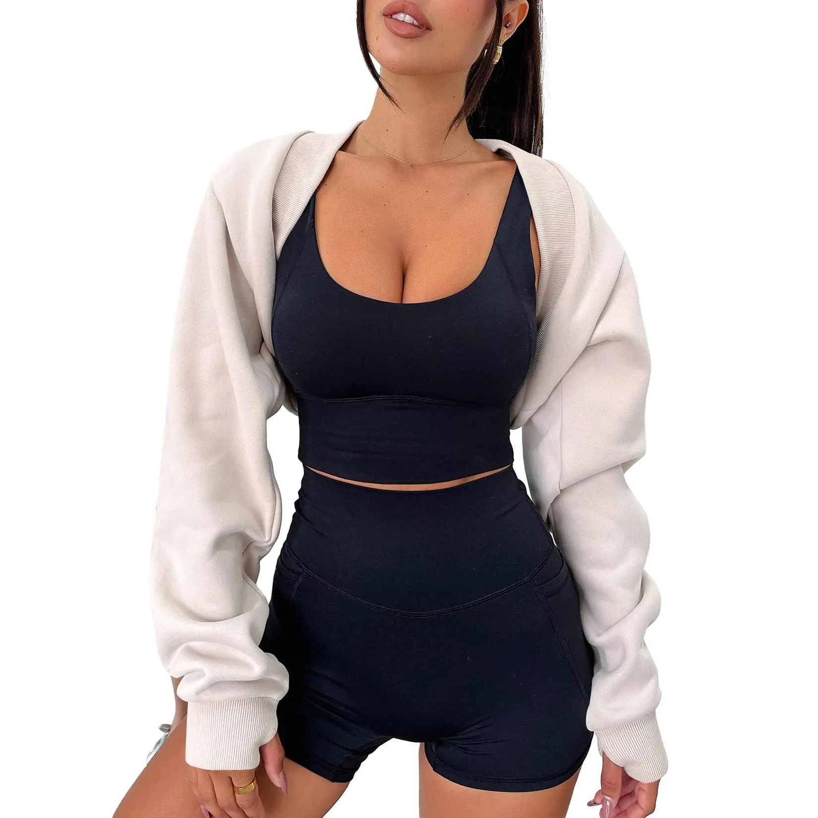 Danedvi Women's Bolero Shrug Long Sleeve Cropped Sweatshirt with Thumb Hole Workout Shrugs Open Front Y2K Tops Hoodie Casual