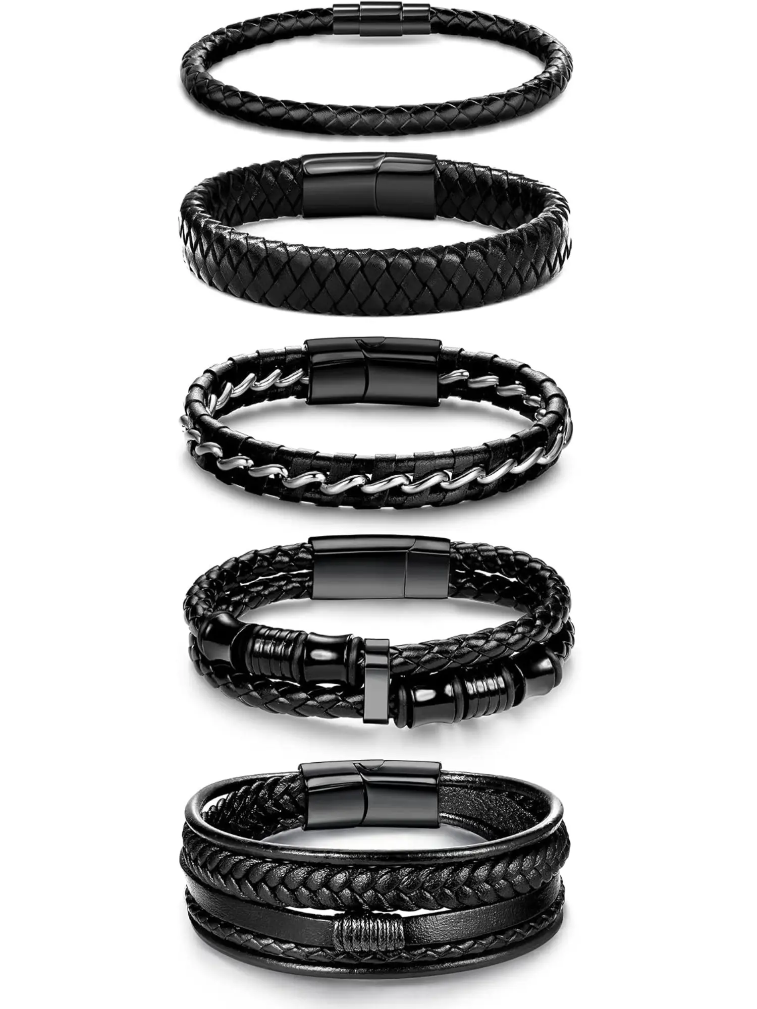 5 Pcs Black Braided Leather Bracelet Set for Men Women, Adjustable Cuff Wristbands, 7.5-8.5 Inch, Ideal for Daily Punk Street Festival Party Wear