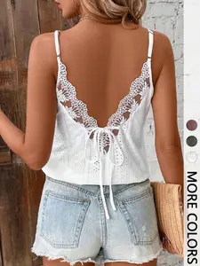 1 Piece Women's White Lace Trim V-Back Cami Top, Tie Back Design, Loose Fit for Romantic Evening Outfits