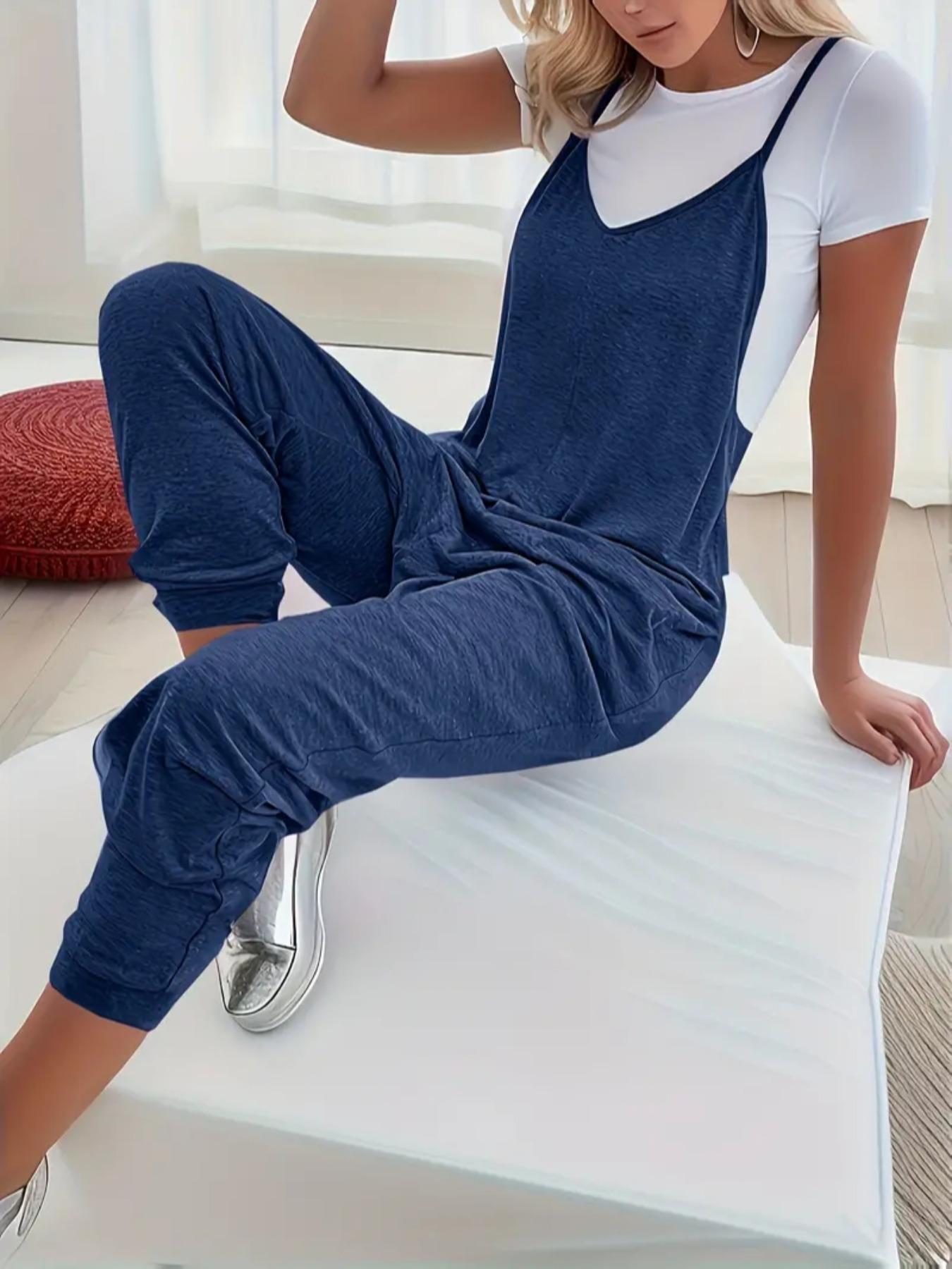Women's Plain Pocket V Neck Overalls Jumpsuit without Tee, Casual Sleeveless Spaghetti Strap Cami Overalls Jumpsuit for Daily Wear, Ladies Clothes for All Seasons, Womenswear