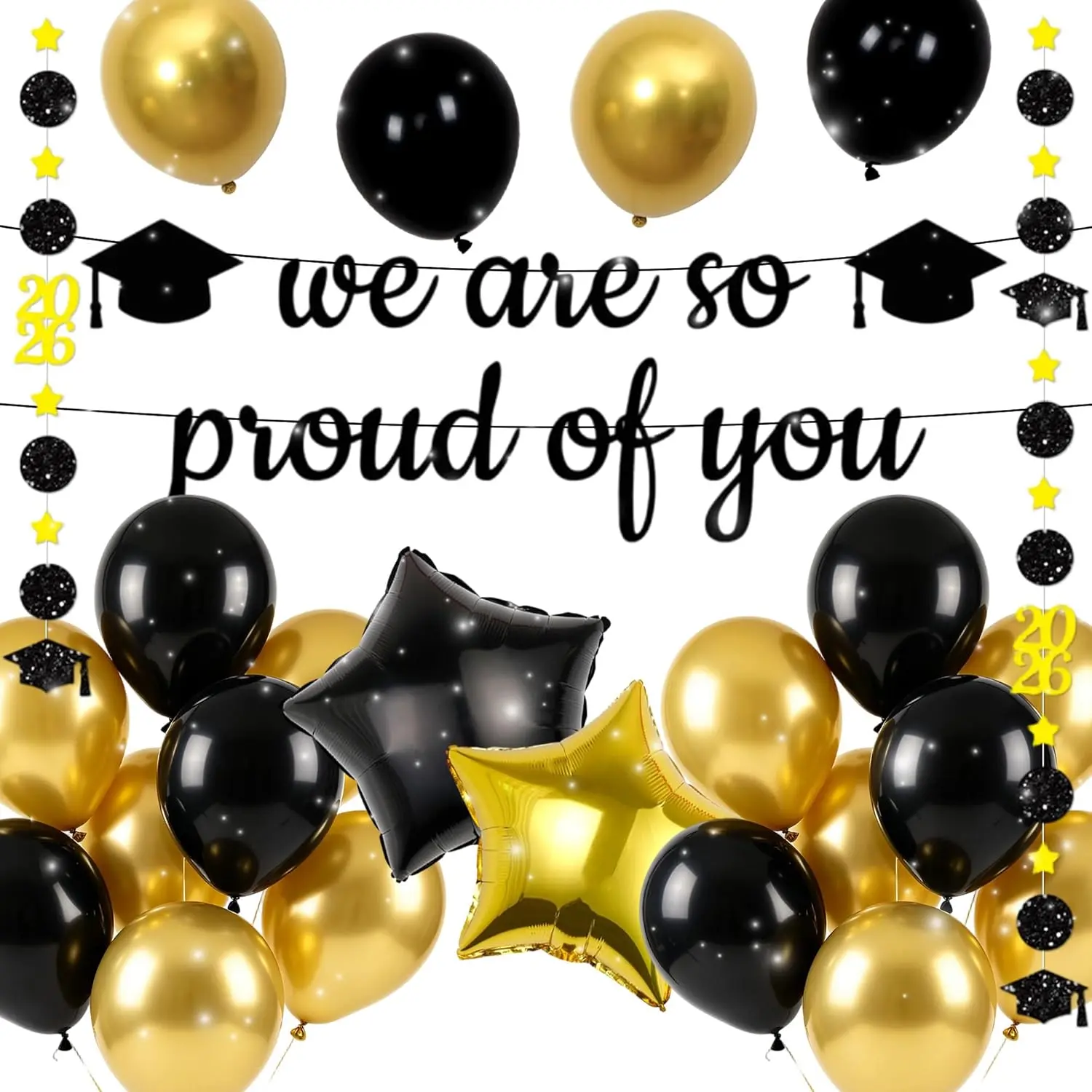 Black Gold Graduation Sign 2026 Banner Happy Graduation Supplies Going Away Party Sign Garland Class of 2026 Hanging Decor Balloons