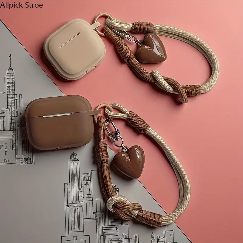 Cute Silicone AirPods Case with Wrist Strap & 3D Brown Heart Charm, Shockproof Anti-Drop Protective Cover Compatible with AirPods 1/2, AirPods 3/4, AirPods Pro, Pro 2 & Pro 3, Soft Anti-Scratch Earbuds Case for Travel, School, Everyday Use & Gifts