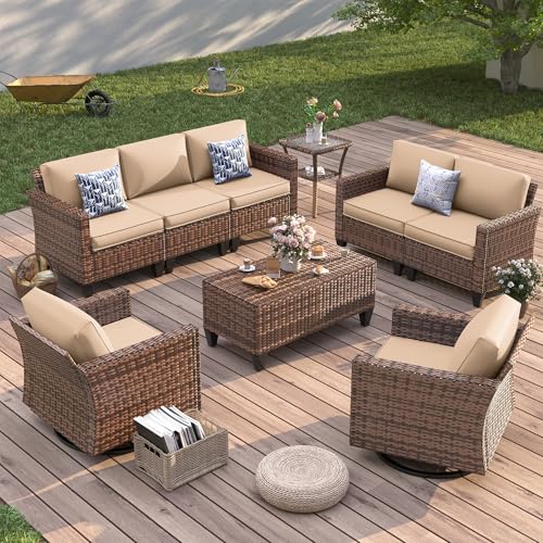 【3/4 packages delivery】UDPATIO Modern Outdoor Wicker Sofa Set, fire pittable Rattan Wicker Outdoor Sectional Set with Rocking Swivel Chairs, PE Rattan Outdoor Sofa Set with Storage Table and Waterproof Covers for Backyard, Deck, Porch SpringGardening