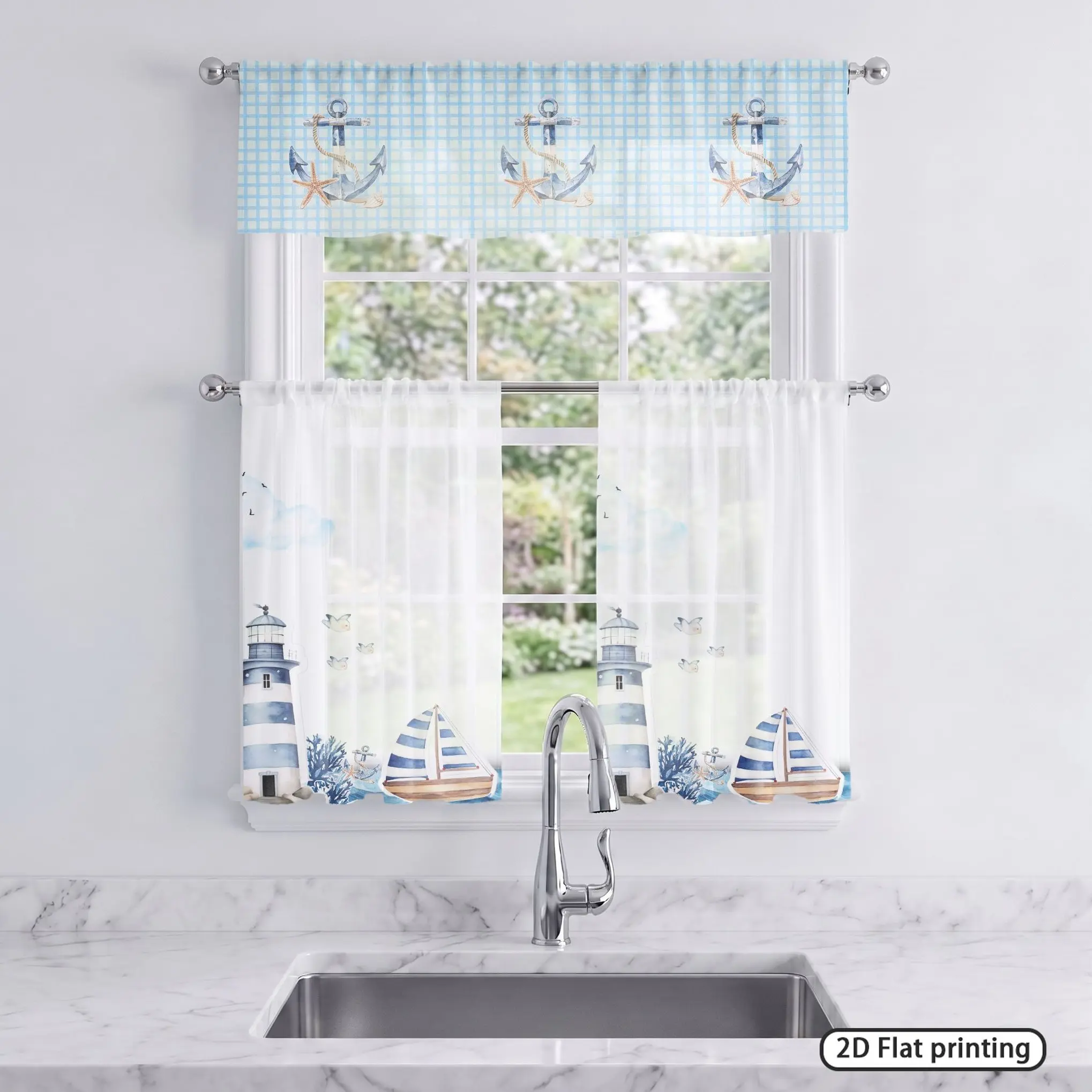 3pcs sailing lighthouse sailboat pattern gauze curtains, polyester fiber pole bag design curtains, transparent and non transparent, suitable for bedrooms, living rooms, kitchens, machine washable