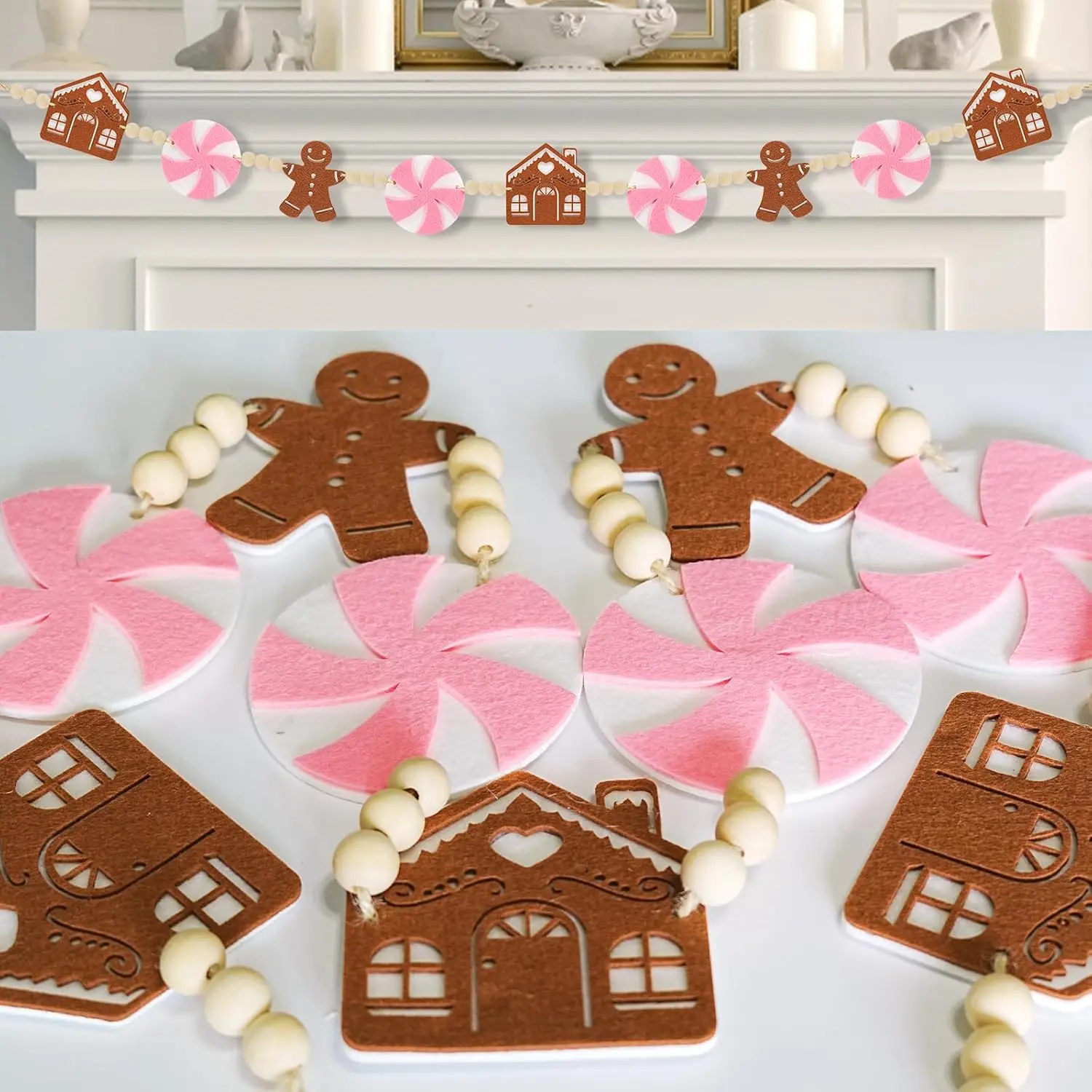 6Ft  Christmas Garland -  Candyland Christmas Ornaments Felt Gingerbread House with  Beads - Christmas Gingerbread Decor for Mantle, Wall, Tree, Indoor