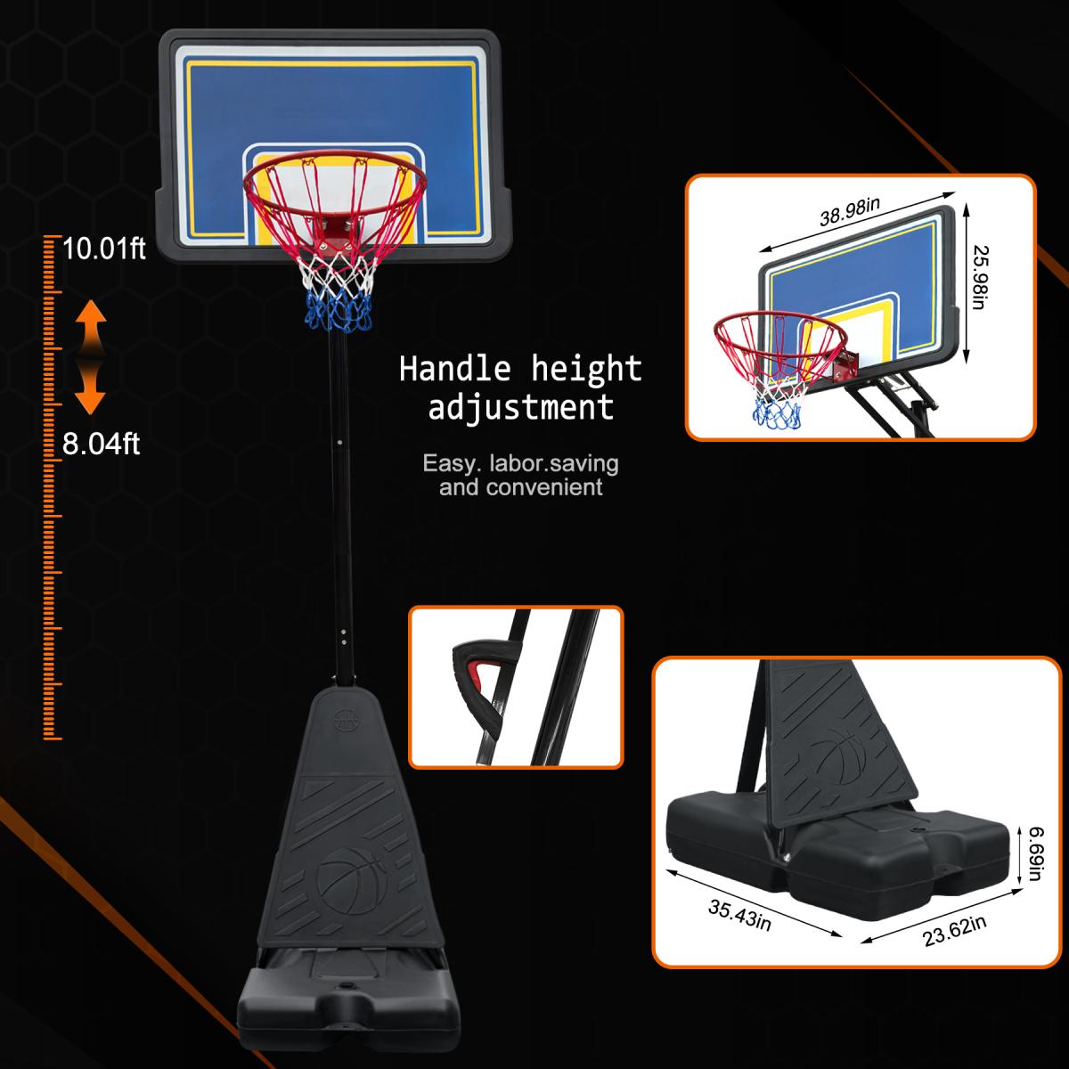 [Fahuac] Portable Basketball Hoop Height Adjustable 8-10ft - 39x26in Polycarbonate Backboard, Heavy-Duty Steel, Water/Sand Fillable Base, Indoor Outdoor.