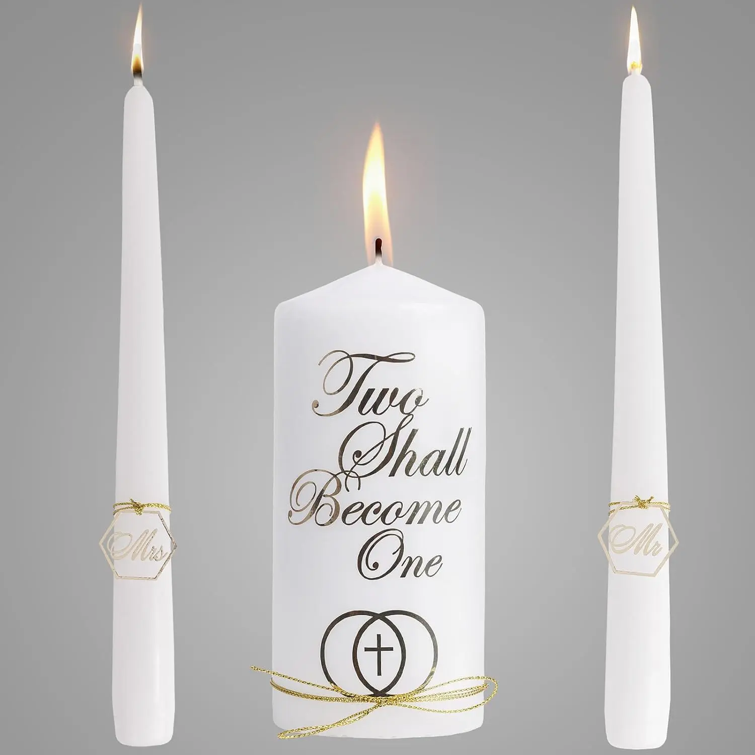 Wedding Unity Candle Set for Ceremonies, Decorative Catholic White Centerpiece with Gold Decorations, Includes 6" Pillar & 2 Pcs 10" Candles, Velas Matrimoniales