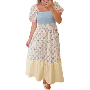Multicolour Floral Print Striped Color Block Patchwork Square Neck Shirred Long Dress