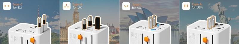 F-APT33  Universal Travel Adapter, Power Adapter Worldwide with Extra 2 Prong AC Outlet, 4 USB Ports (2 USB C), International Plug Adaptor for US to Europe Italy UK Australia Ireland (Type C G A I)