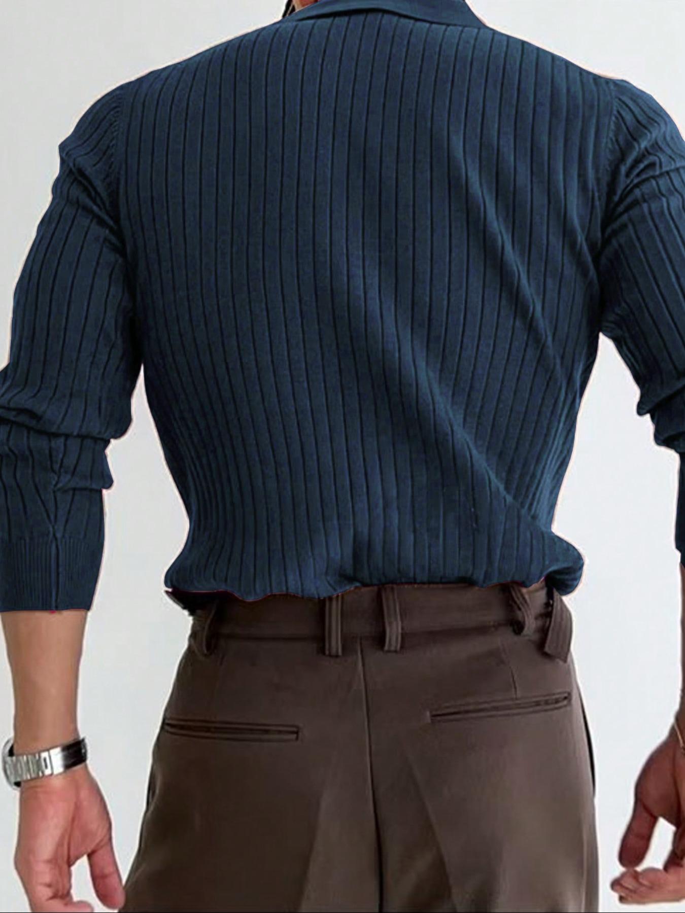 Men's Striped Polo Shirt with Ribbed Collar, Long Sleeve Casual Work Polo, Perfect Gift for Friends, Stylish Men's Clothing