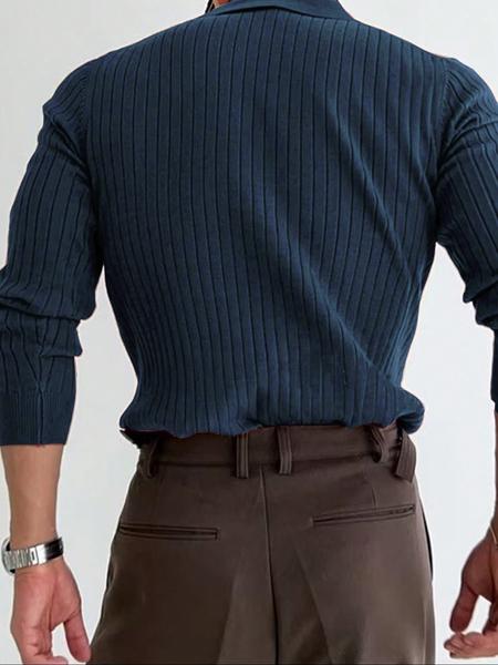 Men's Striped Polo Shirt with Ribbed Collar, Long Sleeve Casual Work Polo, Perfect Gift for Friends, Stylish Men's Clothing