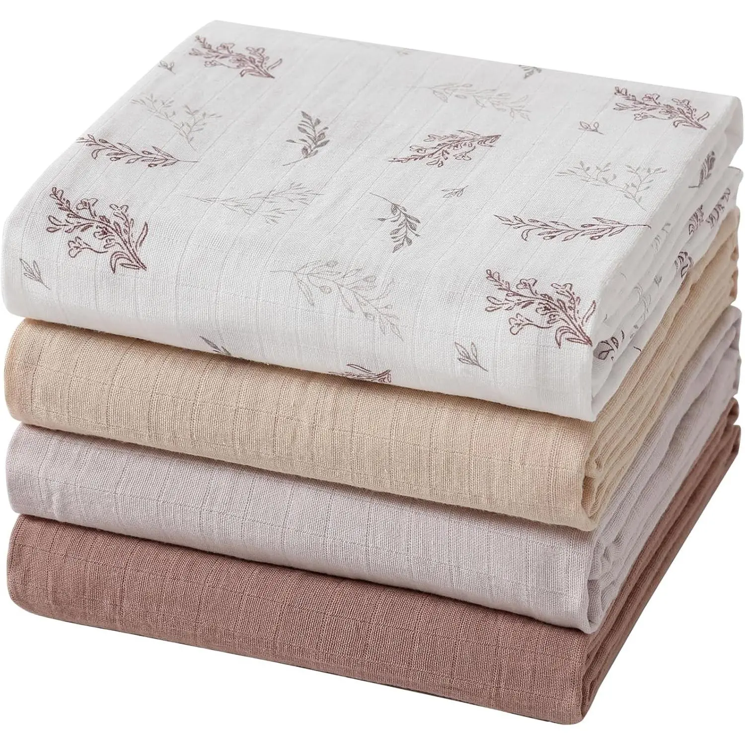 Muslin Swaddle Blankets for Baby Boys & Girls, 4 Pack Soft Breathable Newborn Receiving Blankets, Large 47x47 Inches, Leaves & Warmth Colors(Gift)