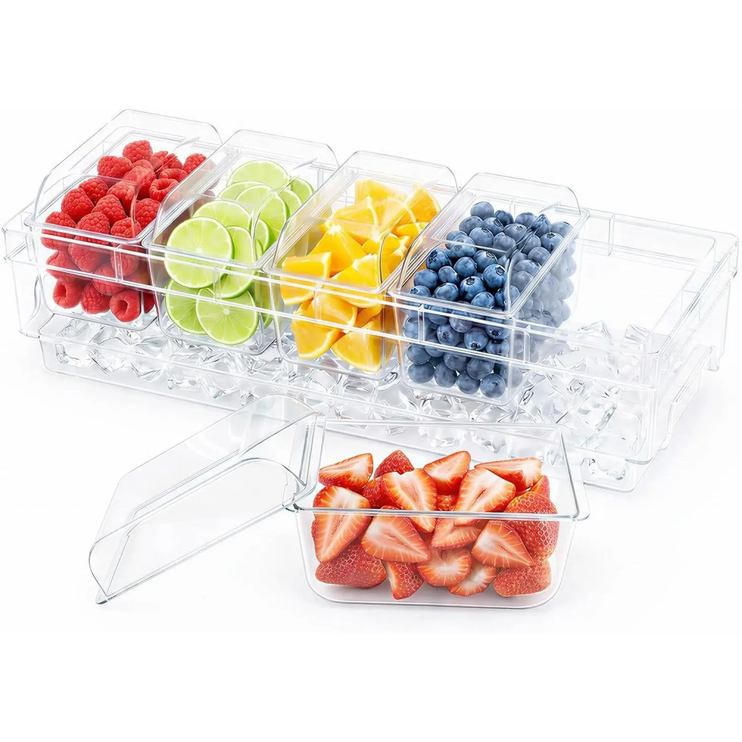 Chilled Condiment Container with Individual  & Handle Design |  with Spoons & Tongs,  Condiment  with 5 Containers, Ice Garnish Tray for Taco, Mimosa & Dirty Soda Bar