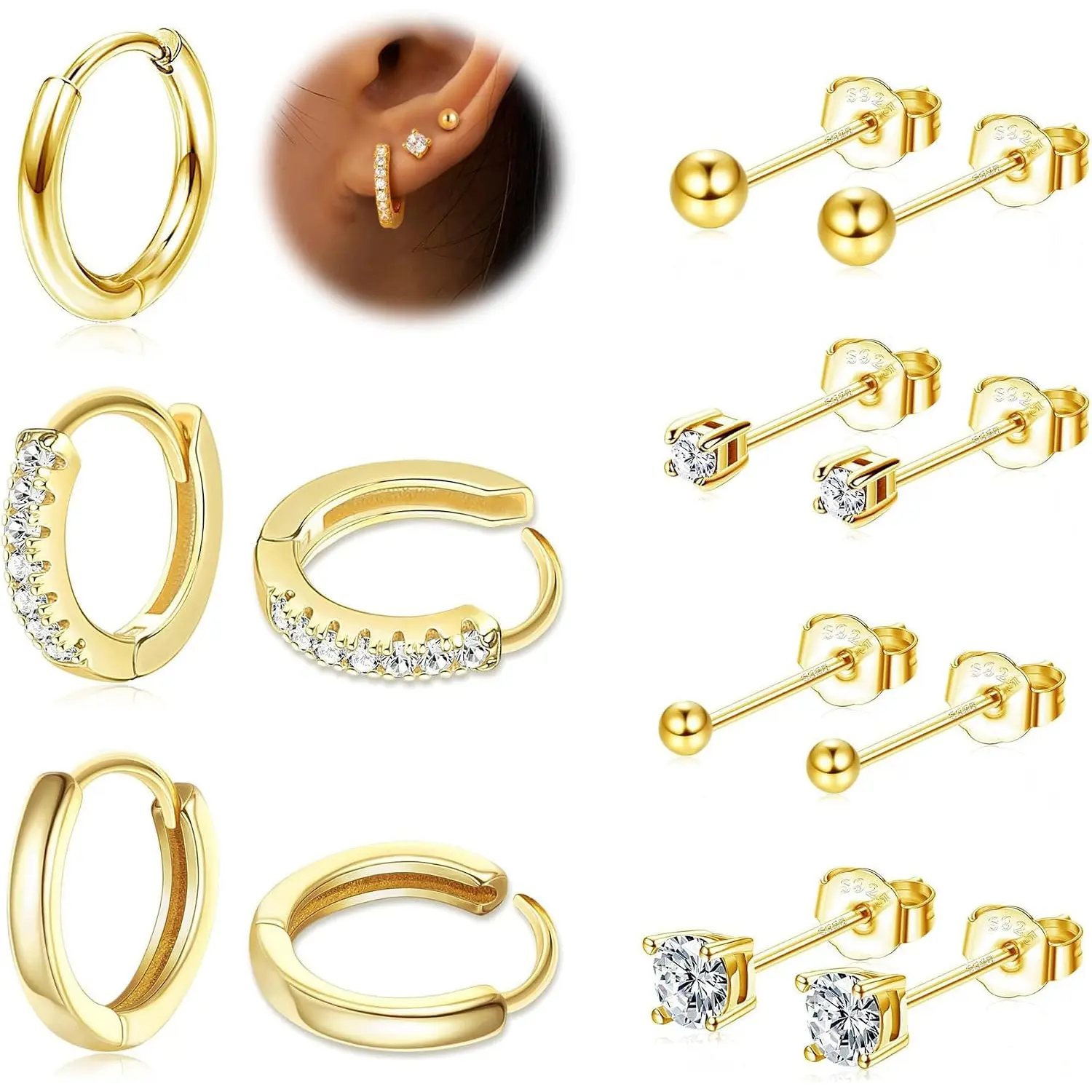 Women's 7-Pairs 14K Gold Plated Hypoallergenic Earring Stack for Adults - Huggie Hoops, Artificial Zirconia Stud Earrings Jewelry, Flat Back Cartilage Sleep Piercing Casual Fashion Set