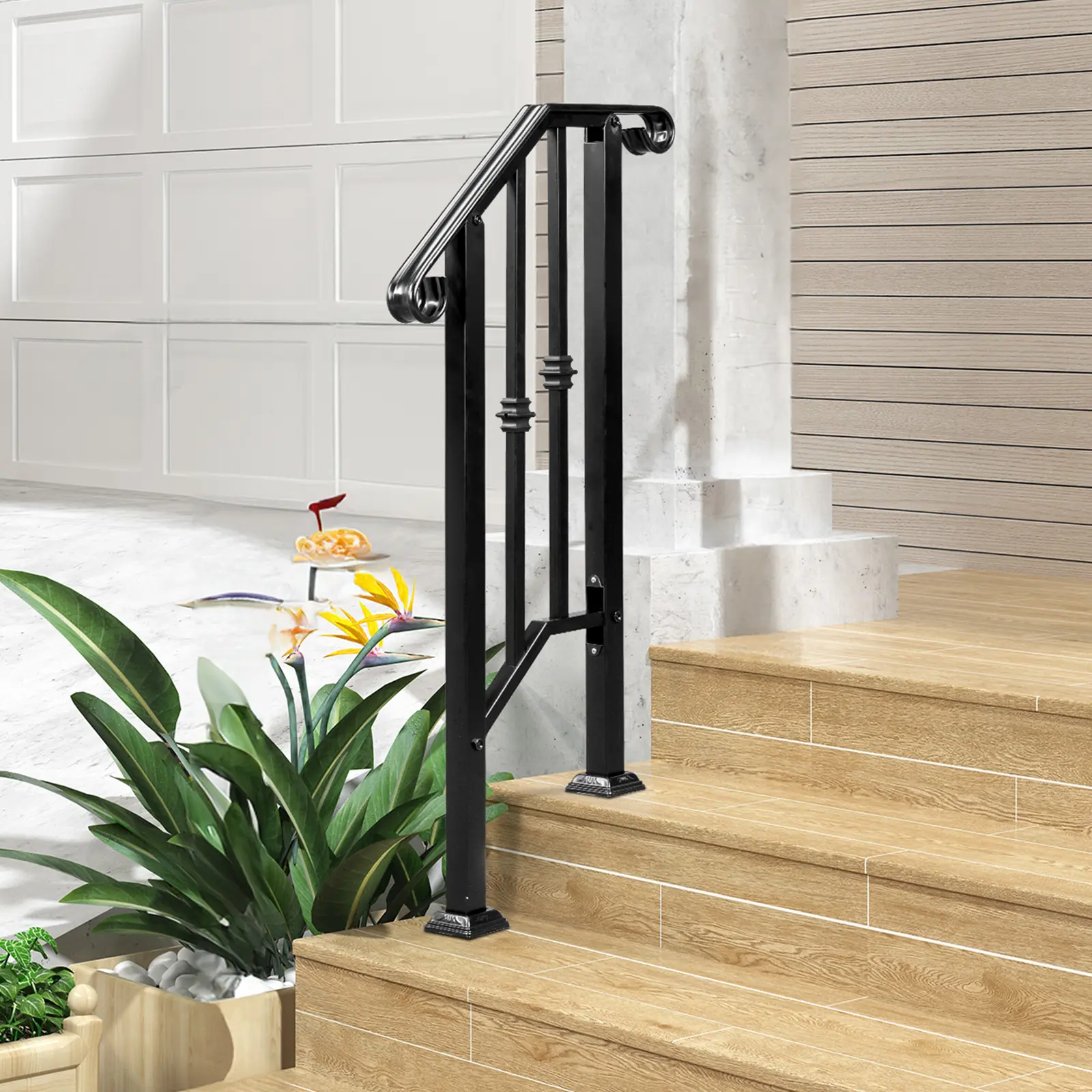 1-Step Iron Handrail for Garden & Outdoor Steps – Heavy Duty Galvanized Iron, Rustproof Matte Black, Curved Safety Design