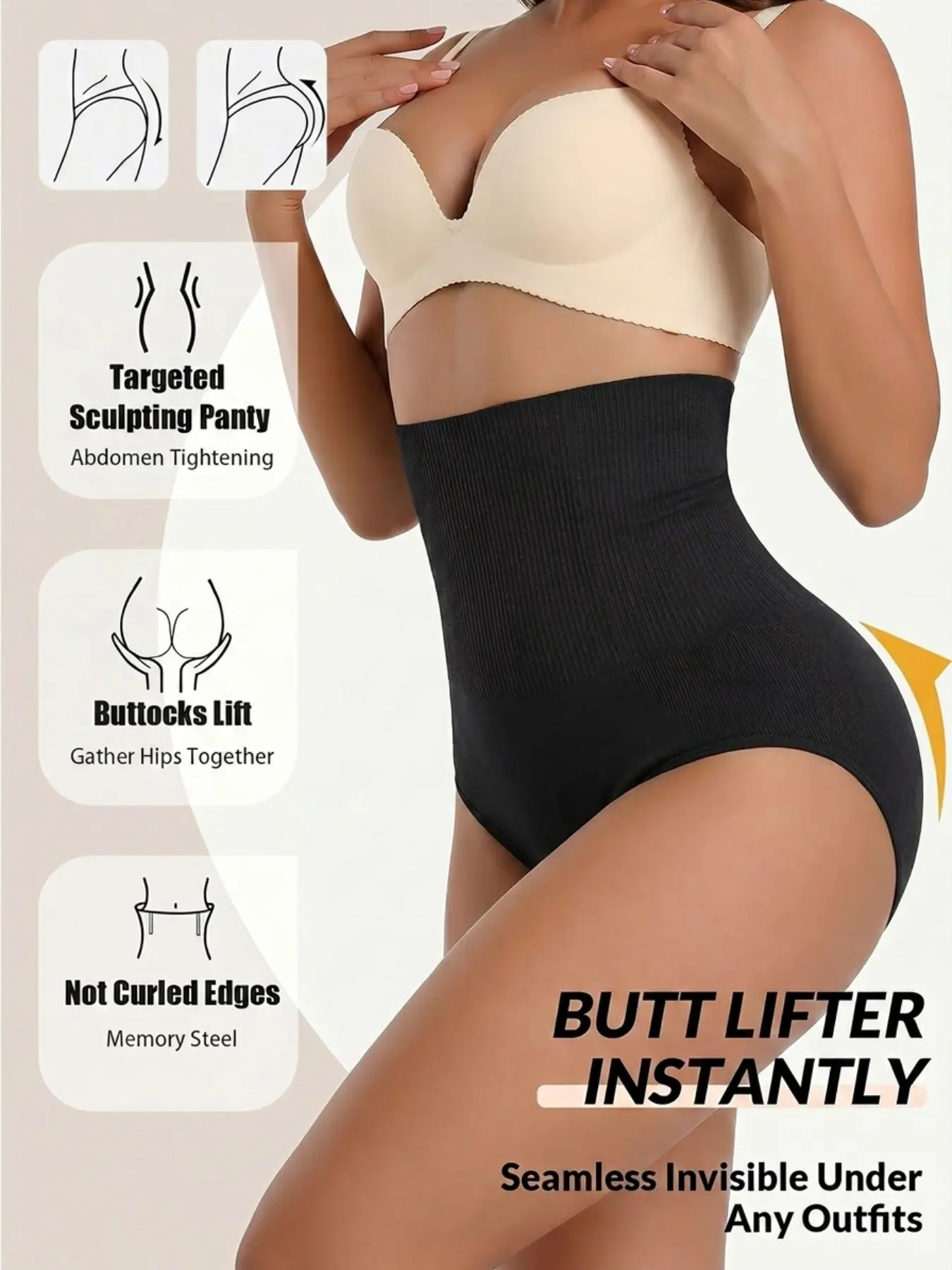 1pc Classic Black High Waisted Tummy Control Shapewear Panties, Breathable Butt Lifter Seamless Slimming Briefs, Body Shaper For Daily Commute, Postpartum & Evening Dress Underwear.
