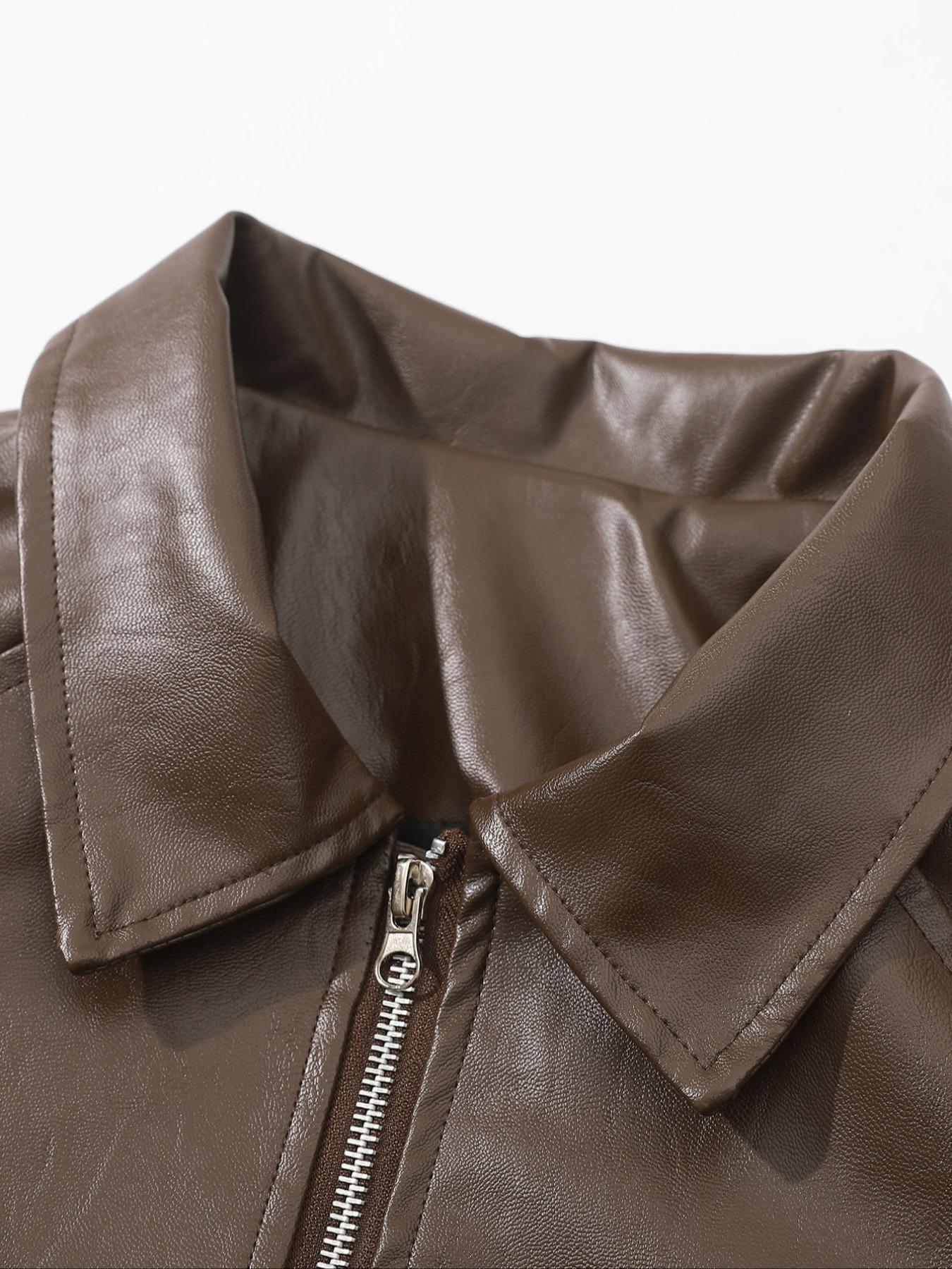 Men's Solid Color Pocket PU Leather Collared Jacket Coats, Regular Fit Casual Long Sleeve Zip Up Outerwear for Daily Wear, Men's Clothing for All Seasons