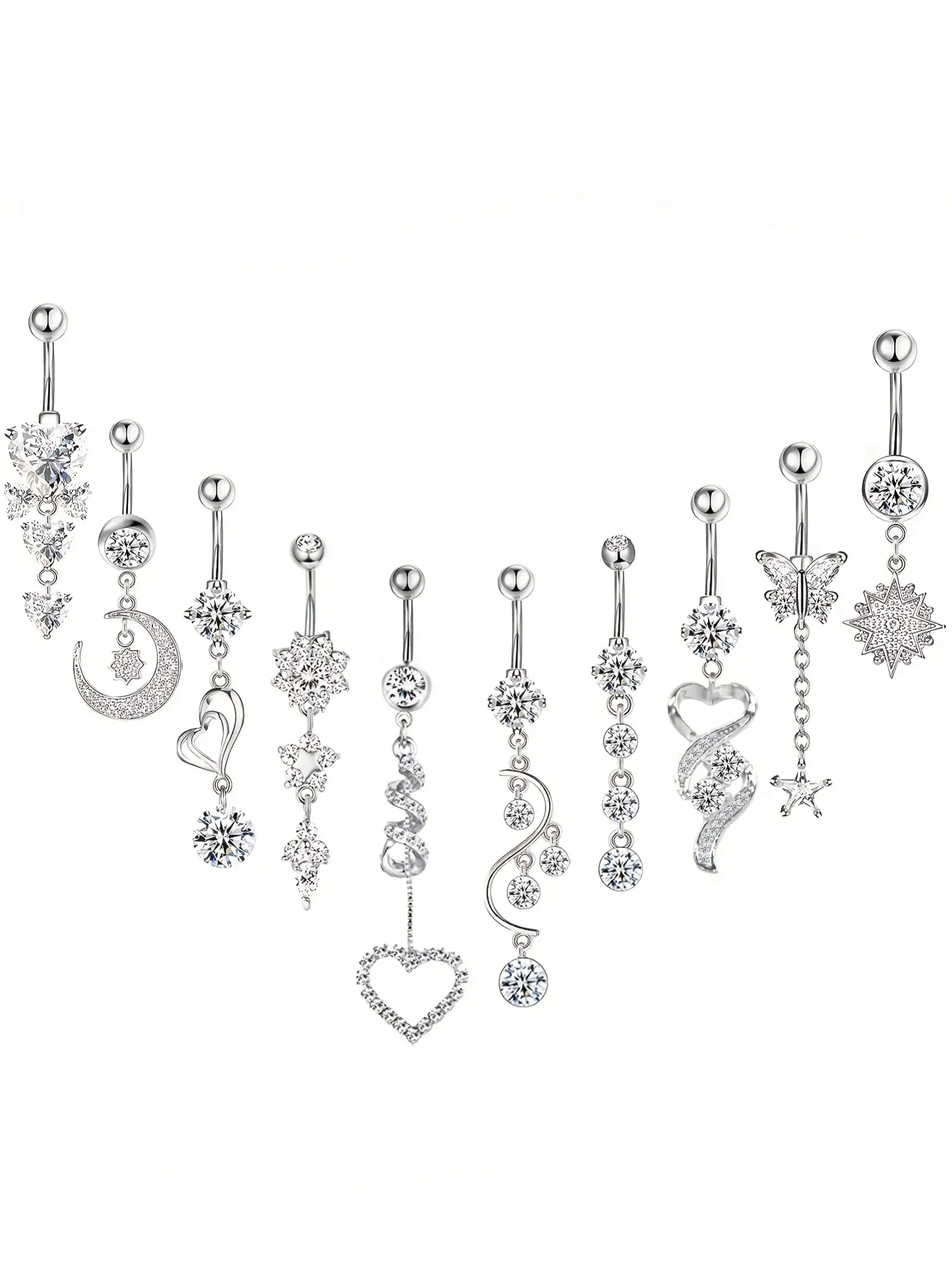 10 Pieces 14G Belly Button Rings Dangle 316L Surgical Steel Navel Rings Cubic Zirconia Belly Piercing Jewelry Belly Dangle Rings for Women Girls