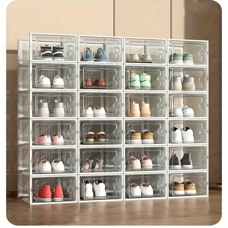 18 large capacity thick transparent plastic shoe boxes, wardrobe large shoe storage box, transparent plastic stackable storage box with lid, under bed shoe container for entrance passage, front drop, foldable space saving storage box, Clear Shoe Storage