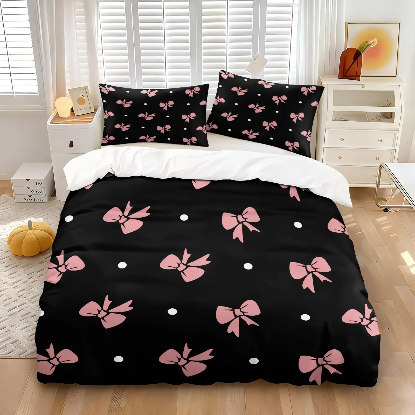 Black Girly Bowknot Full Duvet Cover Pretty Pink Bowtie Comforter Cover Kids Girl Women Coquette Ribbon Bows Bedding Set Cute Watercolor Heart Bow Knot Bed Set (1 Duvet Cover + 1-2 Pillowcases)