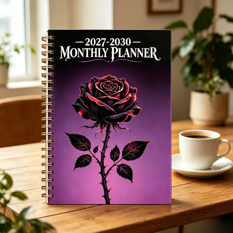2027-2030 Monthly Planner/Calendar - January 2027 to December 2030, a four-year monthly planner with a four-year Gothic black rose cover design, annual calendar, month labels, 48-month calendar, A5 size. A perfect gift for friends, family, and teachers.