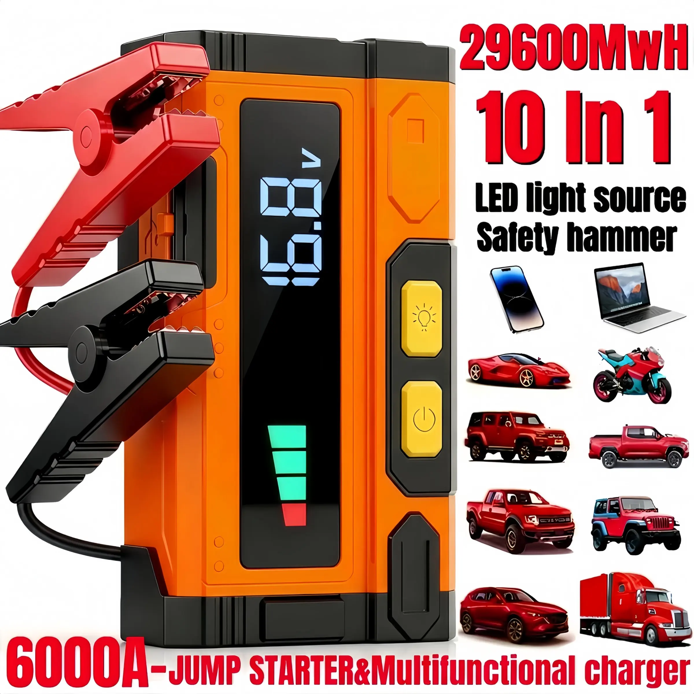 6000A Peak Car Jump Starter, 12V Portable Automotive Auto Battery Booster Pack (Up to 10L Gas/9L Diesel), 8000Mah Power Bank with Fast Charge, LCD Display, LED Flashlight & Window Breaker, Heavy Duty Jump Box for Car Truck SUV
