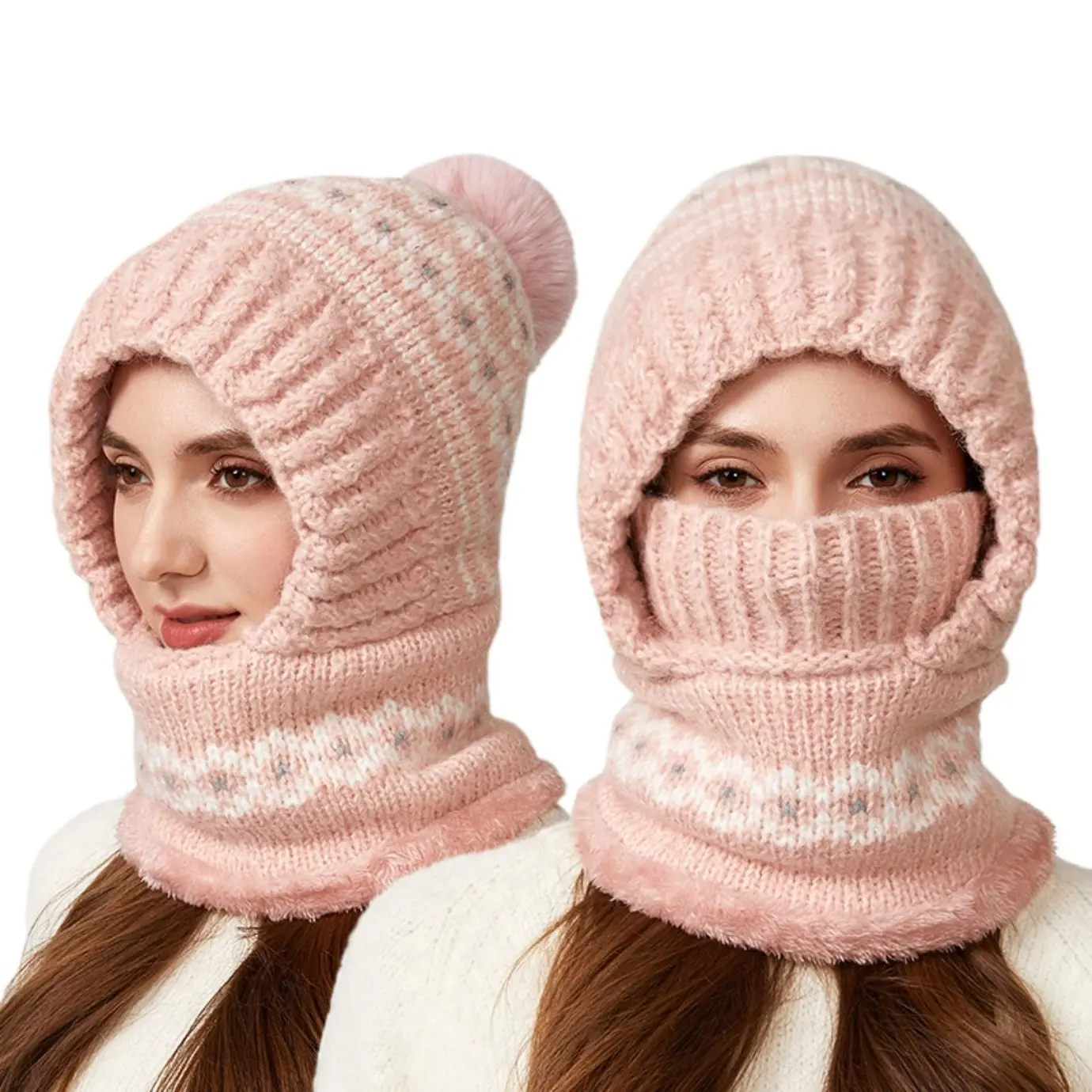 Winter Knit Hood Scarf Hat for Women – 2-in-1 Warm Beanie with Neck Cover, Soft Fleece Lined Ski Balaclava, Cozy Fluffy Pink Cap, Cold Weather Outdoor Fashion for Snow Days & Daily Wear