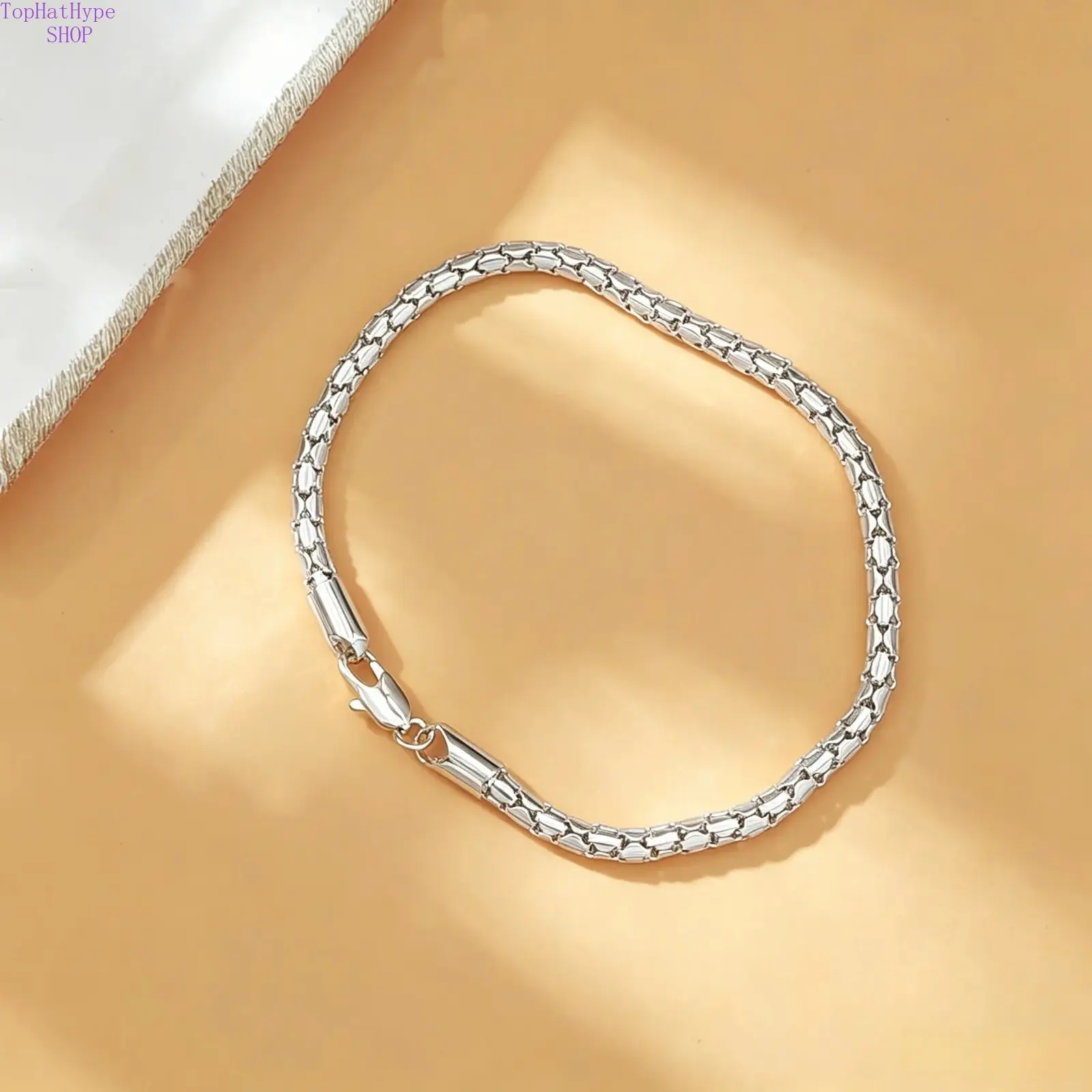 Silver Plated Solid Copper Smooth Box Snake Link Bracelet, Polished Shiny Tiny Cube Chain Wrist Bangle, Minimalist Stackable Fashion Bracelet Jewelry Gift for Daily Wear Birthday