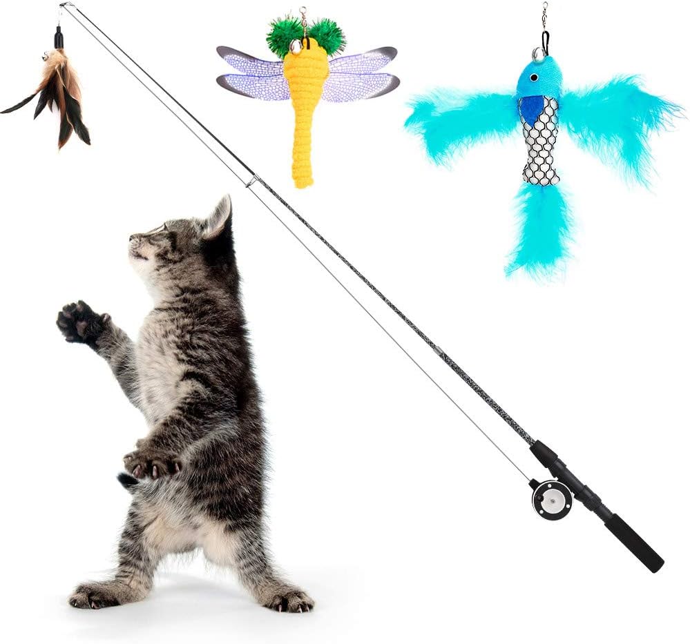 Cat Feather Toys, 4 Pack Interactive Cat feather Teaser Wand Toys, Retractable Fishing Pole Wand Catcher Exerciser with Refill Fish, Dragonfly Worm with Bells, Fun Cat Kitten Kitty Playing Toy