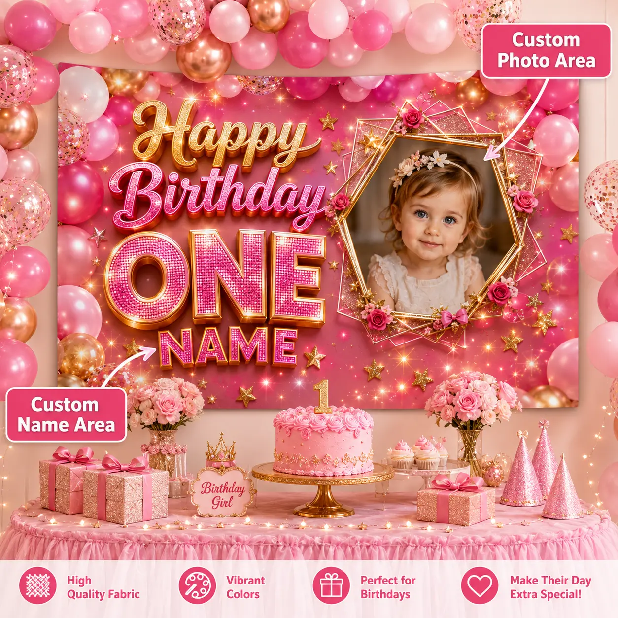 Customizable Pink 1st Birthday Backdrop for Girls - Personalized Name, Photo Crown, Cake Banner, Floral Accents, Sparkling Details Party Decor