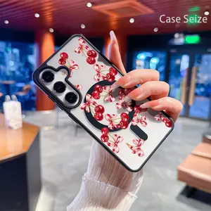 Phone Case: Sweet Red Cherries with Pink Ribbon Charm Flair Black Border Magnetic Phone Case, Anti-Yellowing, Slim Lightweight & Bare Feel, Luxury Premium Design for Samsung Galaxy S22 S23Fe S24 S25 Plus Ultra, Trendy & Perfect Gift