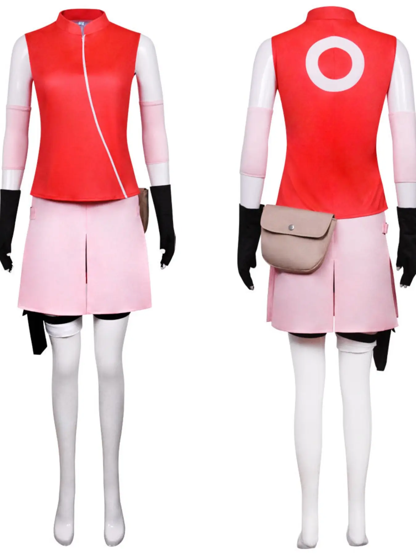 Ninja Costume Naruto Sakura Cosplay Suit Outfit, Anime Cartoon Slim-Fitting Unlined Dress, All-Seasons Plain Surface Clothing