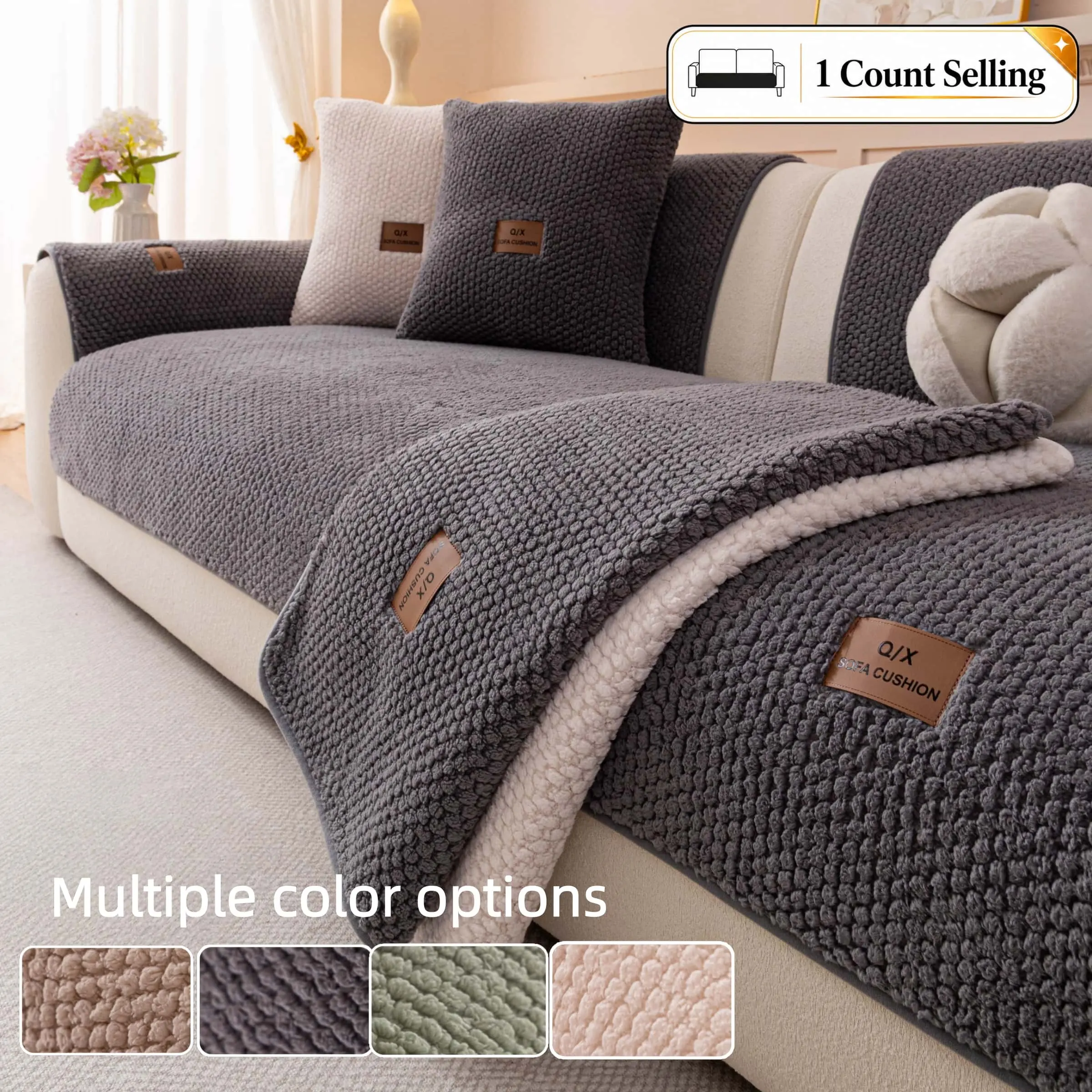 Plush Sofa Cover, 1 Piece Solid Color Couch Seat Pad, Soft Non-Slip Couch Protector, Machine-Washable & Pet-Friendly Furniture Cover, Available in Multiple Colors for Sectional Sofas, Love seats & 1-4 Seater Couches.