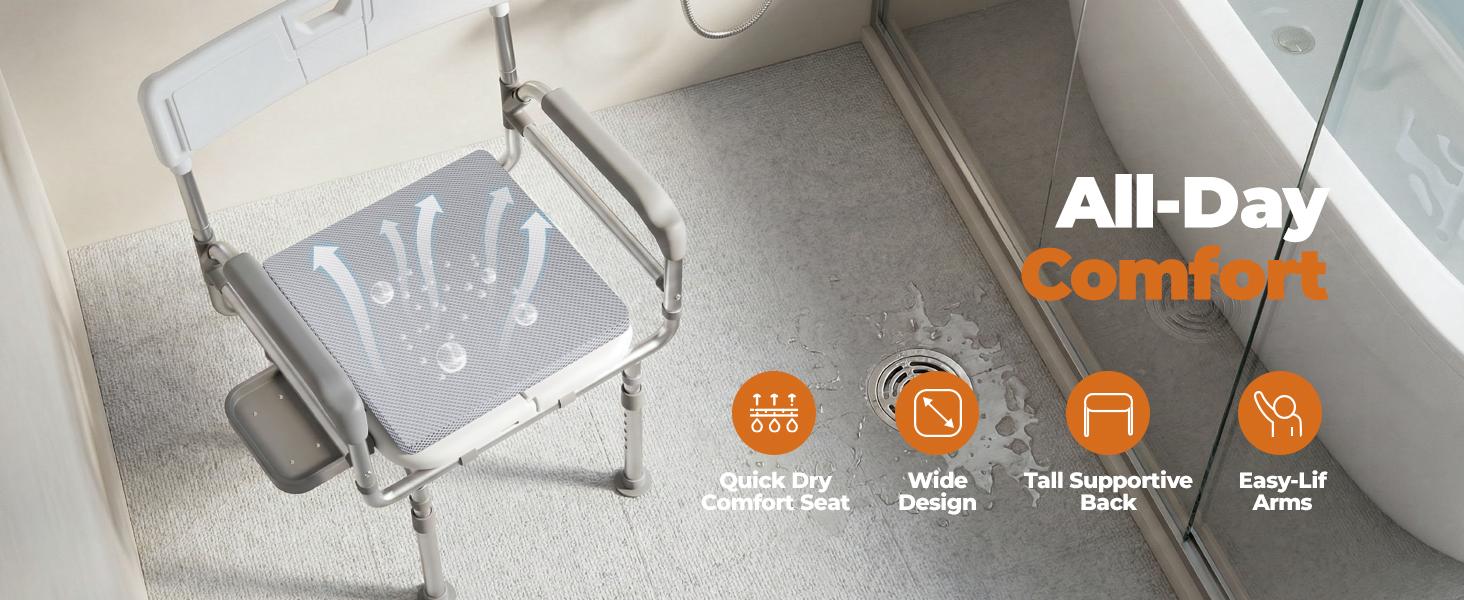 Folding Shower Chair for Inside Shower, Tub and 440lb Weight Capacity - Foldable Shower Chair for Elderly and Disabled - Shower Seat with Arms, Back, Cushion and Shelf